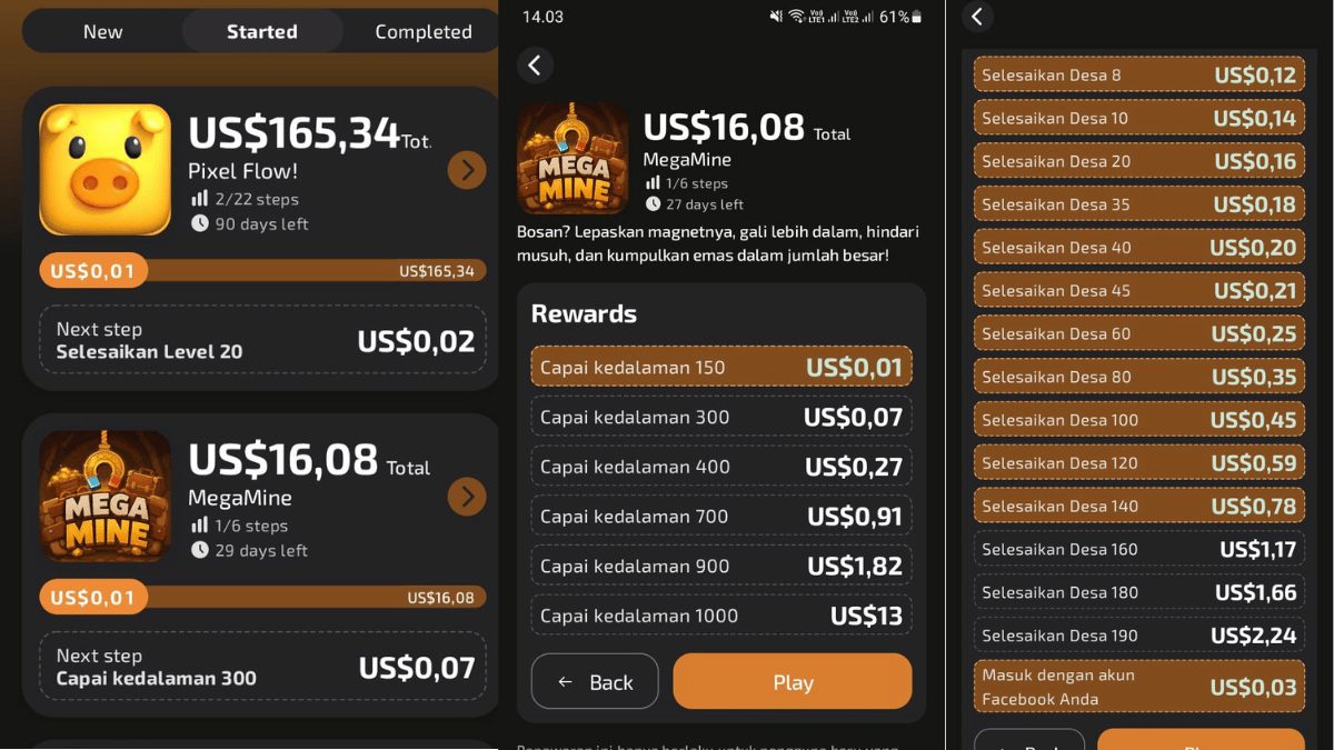 Halaman yang menampilkan daftar survei harian yang tersedia di dalam aplikasi. Anda bisa menggunakan gambar ini untuk menjelaskan pengalaman kenapa sering terpental (disqualified) dan bagaimana cara menghasilkan uang lewat attapoll secara lebih selektif.