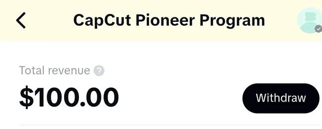 Menu Wallet CapCut dengan tombol Withdraw